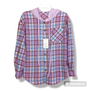 Floral Blooming pastel flannel button up long sleeve hooded top size S